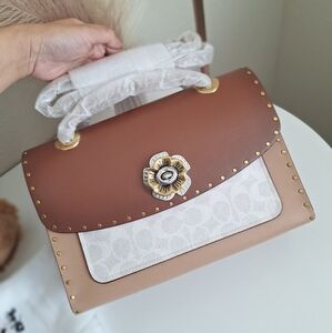 Coach Parker Signature C Coated Canvas With Leather Trim & Rose Detail Turnlock